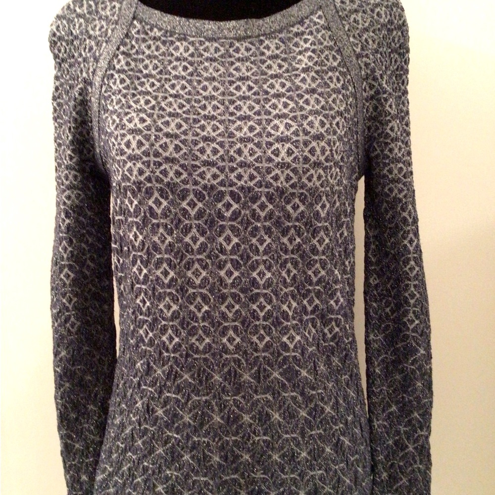 CHANEL Navy Silver CC Logo Monogram Pattern Silk Blend Sweater 40 FR Med…